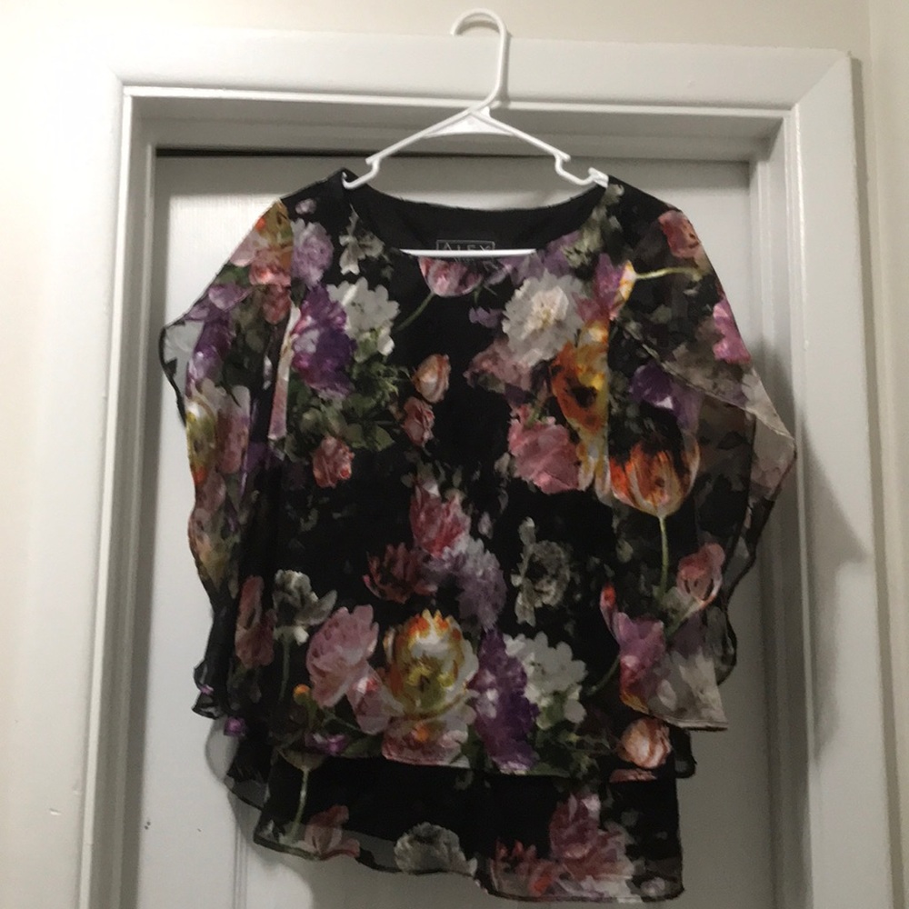 Alex Evenings small ladies floral blouse black EUC